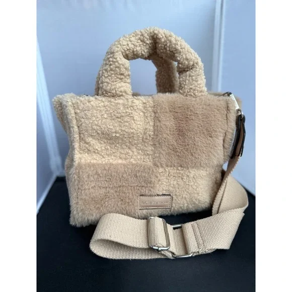 BCBGeneration Faux Shearling Colorblock small Tote Bag Tan Beige Crossbody - Picture 10 of 10